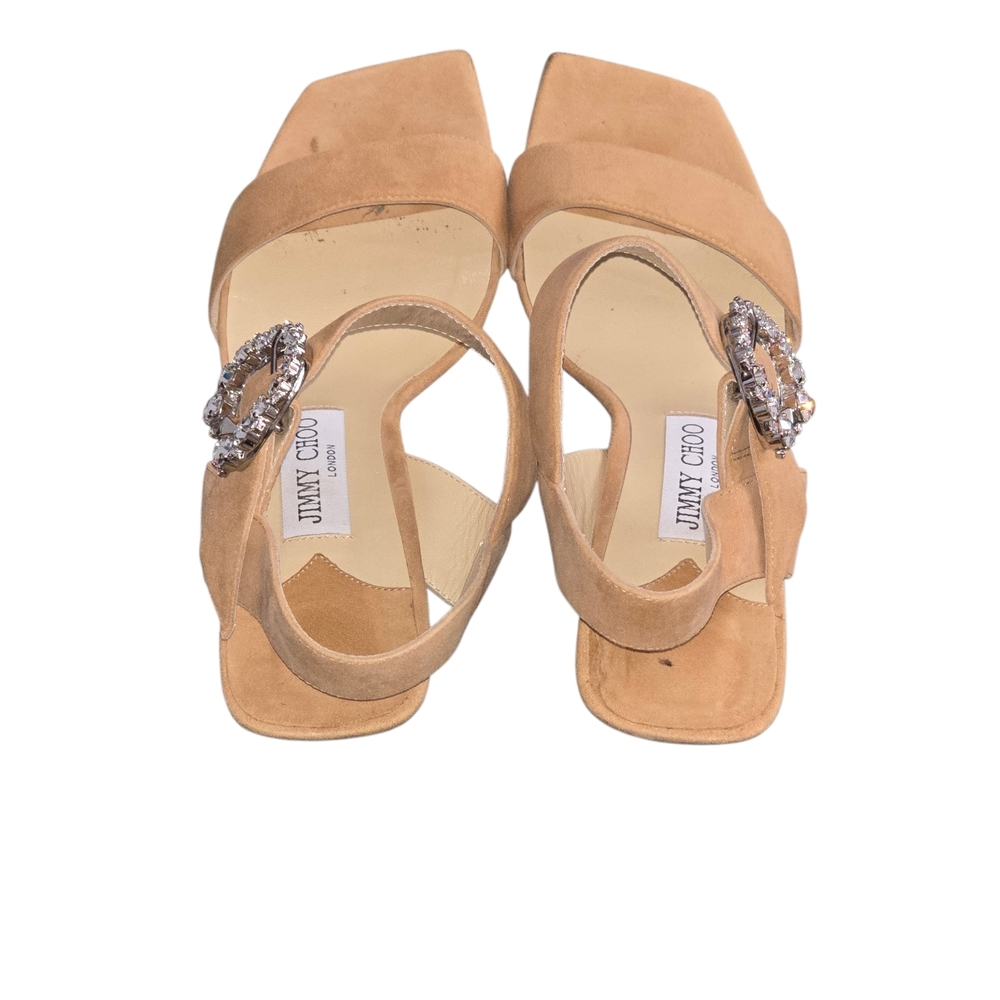 Jimmy Choo Maysa Caramel Suede Sandals Crystal Buckle Size 36/6 Heel 3" - Picture 4 of 11